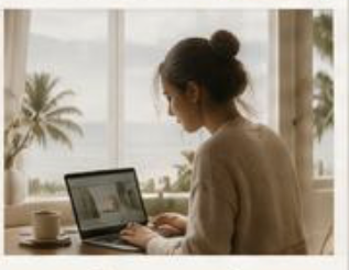 A woman planning her life on a laptop beside a bright window with palm trees