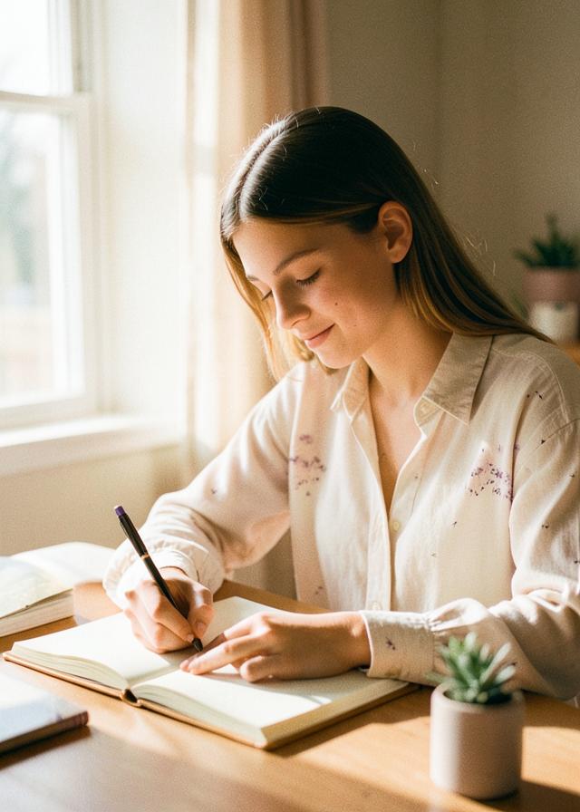 A teenage girl writing in a journal by a sunlit window