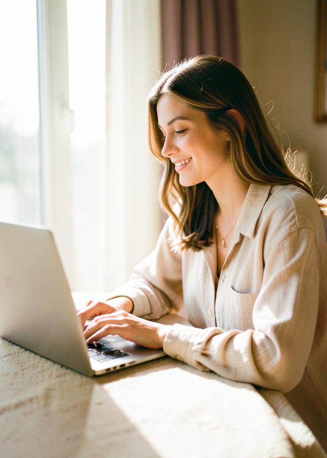 A young woman working at a laptop in warm morning light